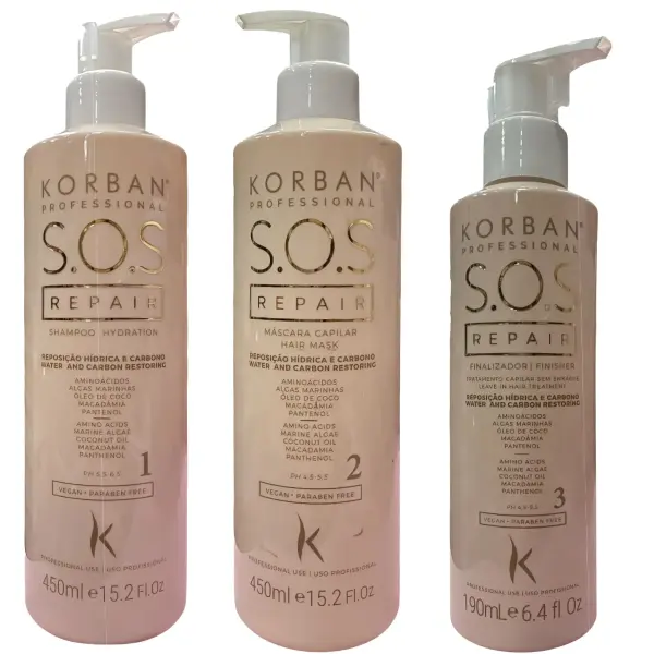 Korban SOS Repair Kit – Shampoo, Mask & Finisher for Damaged Hair – 3-Step System